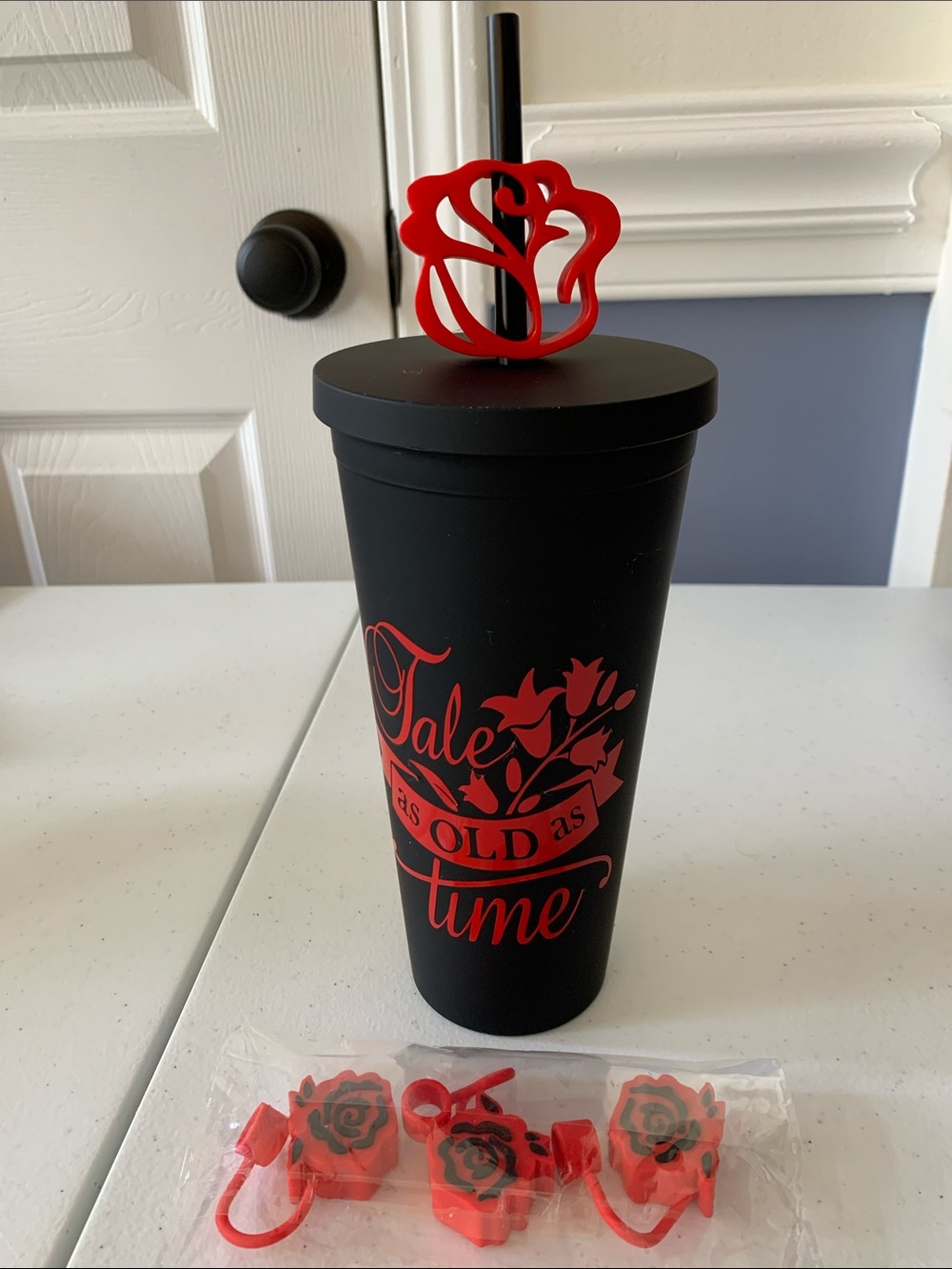 TUMBLER HANDMADE BEAUTY & THE BEAST DECORATIONS ON TUMBLER WITH EXTRAS NEW